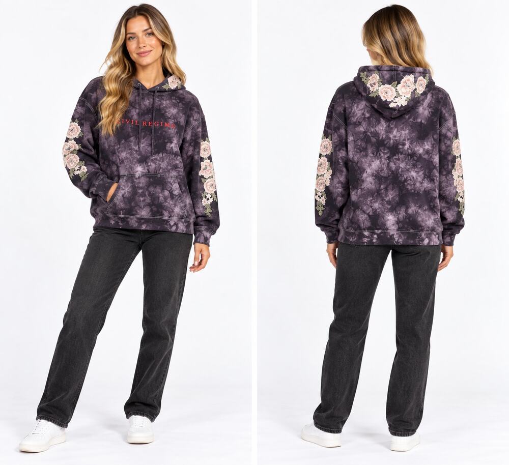 Civil Regime Unisex Floral Embroidered Tie Dye Hoodie M Gray Black Sweatshirt